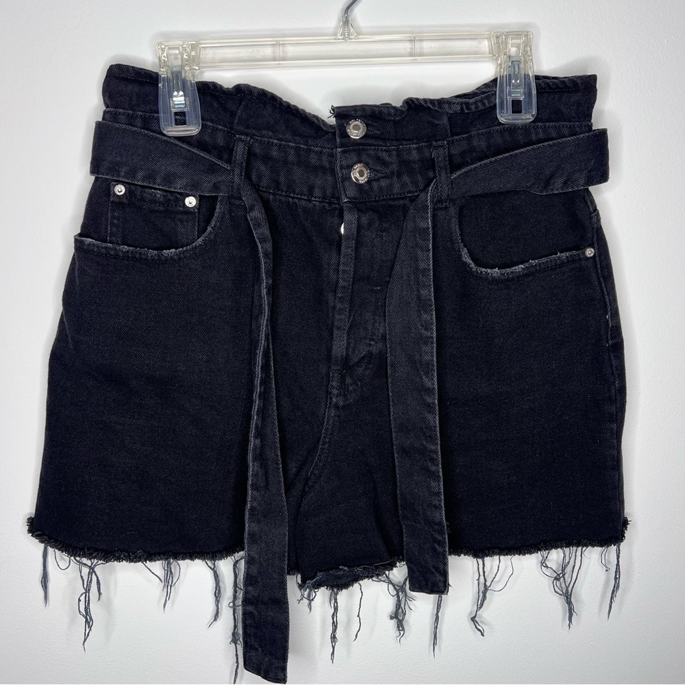 A24 Zara Raw‎ Ham Black High Rise Jean Tie Belt Shorts